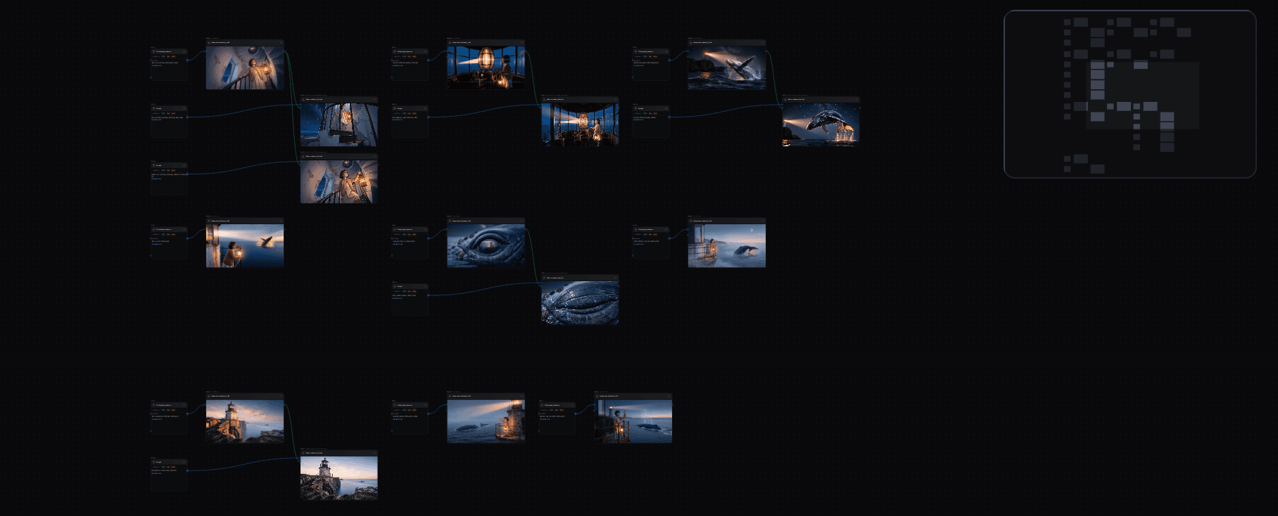 Real canvas overview — per-shot chains run from text to image to video, with the minimap at top right.