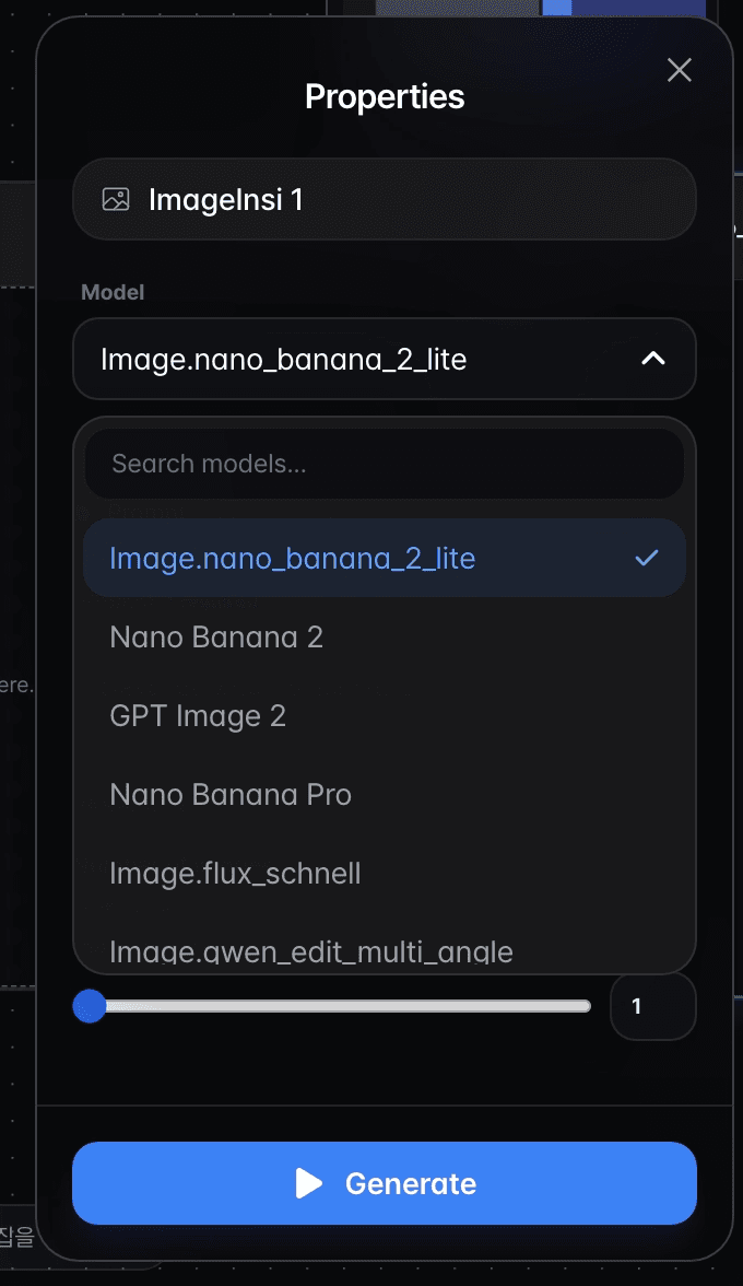 Model dropdown in node properties — choose a generation model independently for each node.