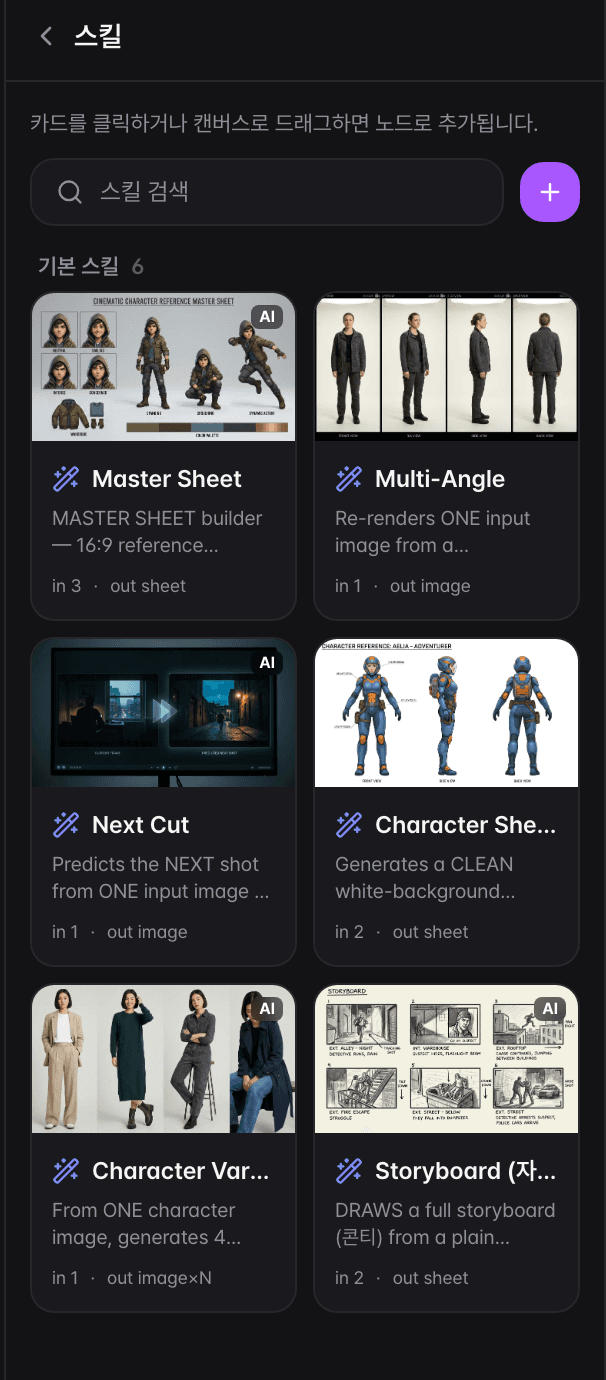 Skill gallery — inspect each card's inputs and outputs, then click or drag it onto the canvas.