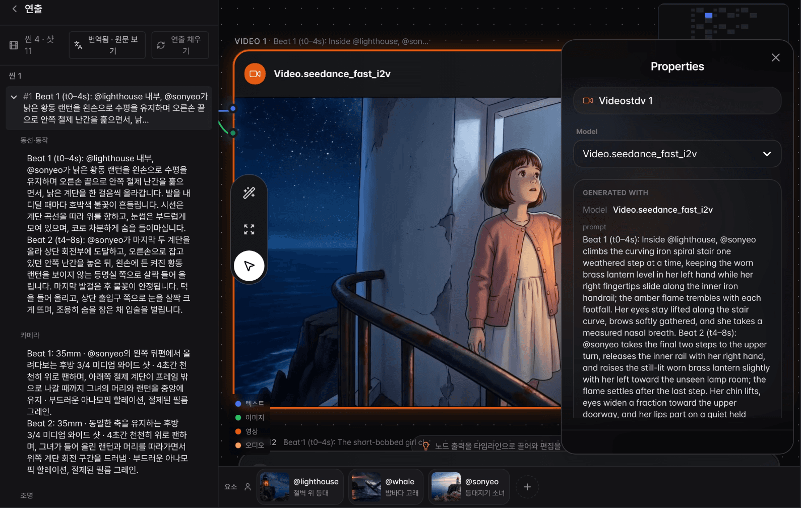 Selecting a shot highlights and zooms its video node, alongside its direction text and the model and prompt actually used.