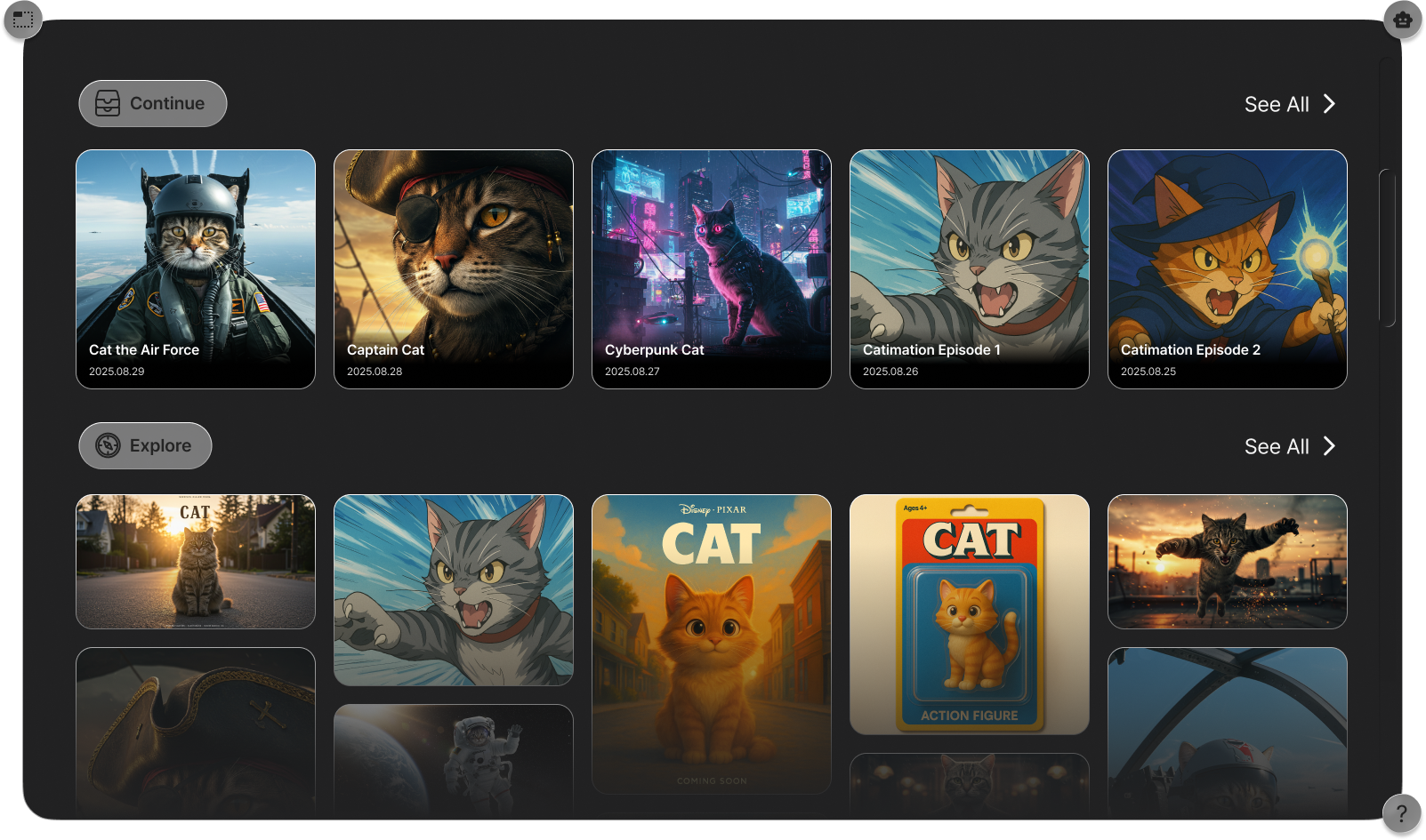 Browse Interface - Content Library with Cat-themed Videos